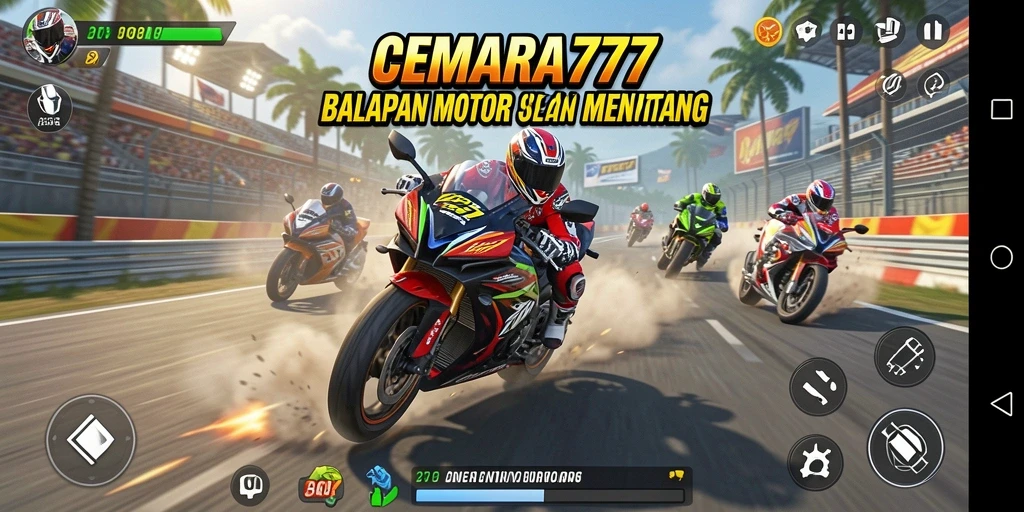 Tampilan gameplay CEMARA777 yang mendebarkan dengan aksi balap motor yang seru.