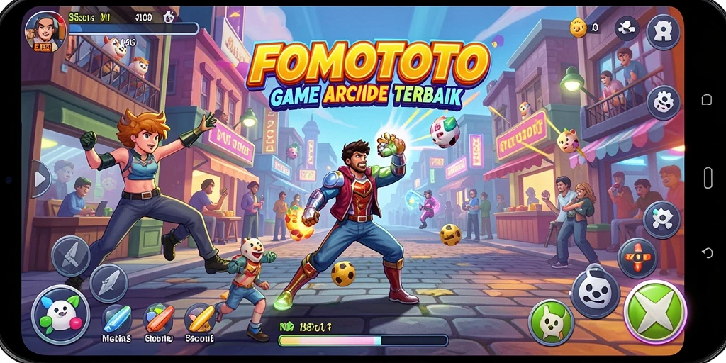 Screenshot gameplay FOMOTOTO yang menunjukkan aksi seru di arena.