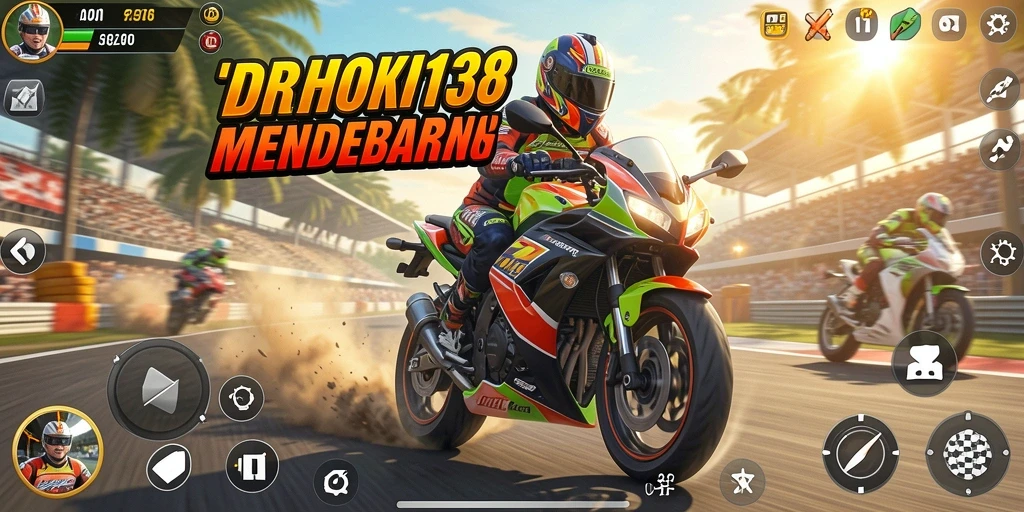 Screenshot gameplay IDRHOKI138 yang menampilkan aksi balapan motor yang mendebarkan.