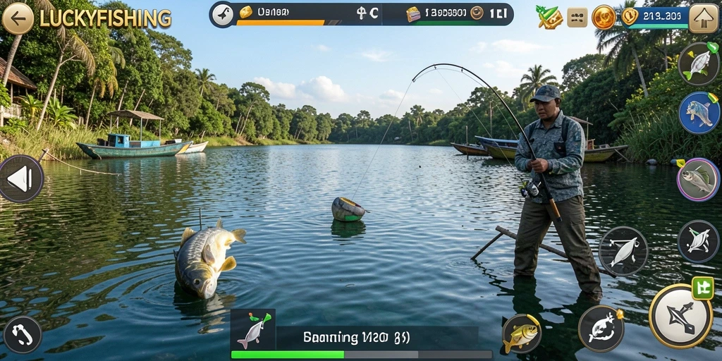 Tampilan gameplay santai LUCKYFISHING dengan beragam ikan yang bisa ditangkap.