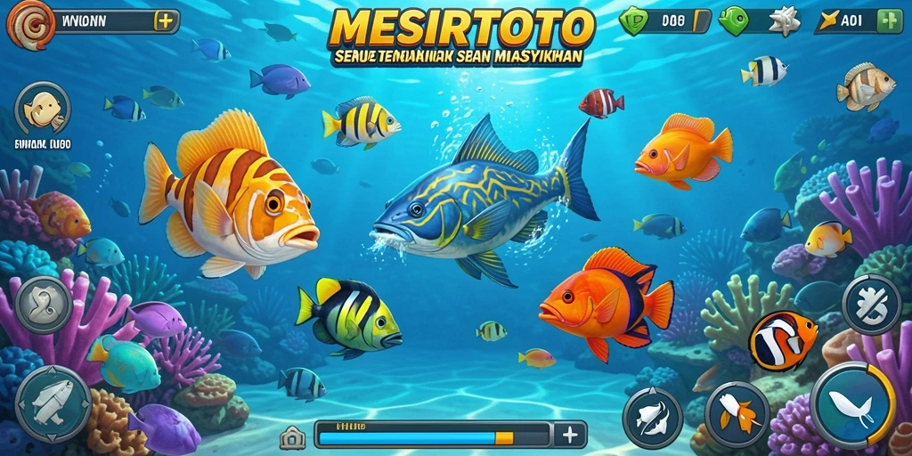 Tampilan gameplay MESIRTOTO dengan berbagai ikan yang menanti untuk ditangkap.