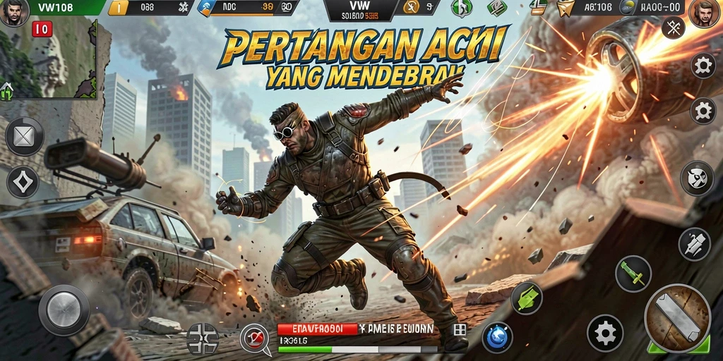 Screenshot utama VW108 menampilkan pertarungan aksi yang seru.